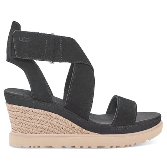 NIB UGG Ileana Ankle Strap Espadrille Platform Wedge Sandals Black Suede 10 - Picture 1 of 12